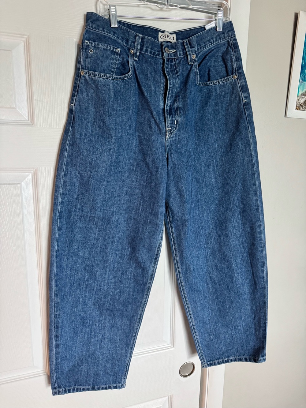 Etica Barrel Leg Jeans Women’s Size 31 Blue High Rise Cropped Sustainable Denim